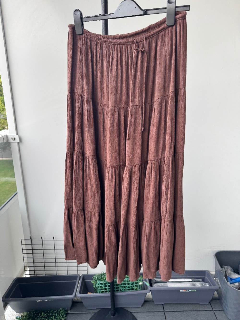 aerie Tiered Maxi Skirt in Rust Brown